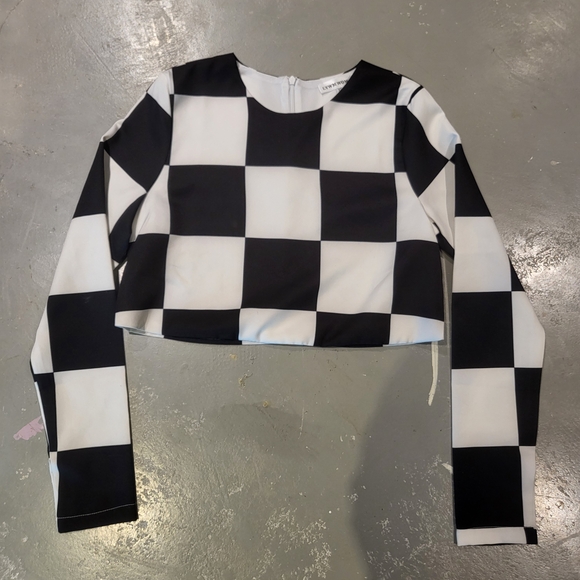 Tops - Wednesday Inspired Black and White Checkered Long Sleeve Crop Top Xs